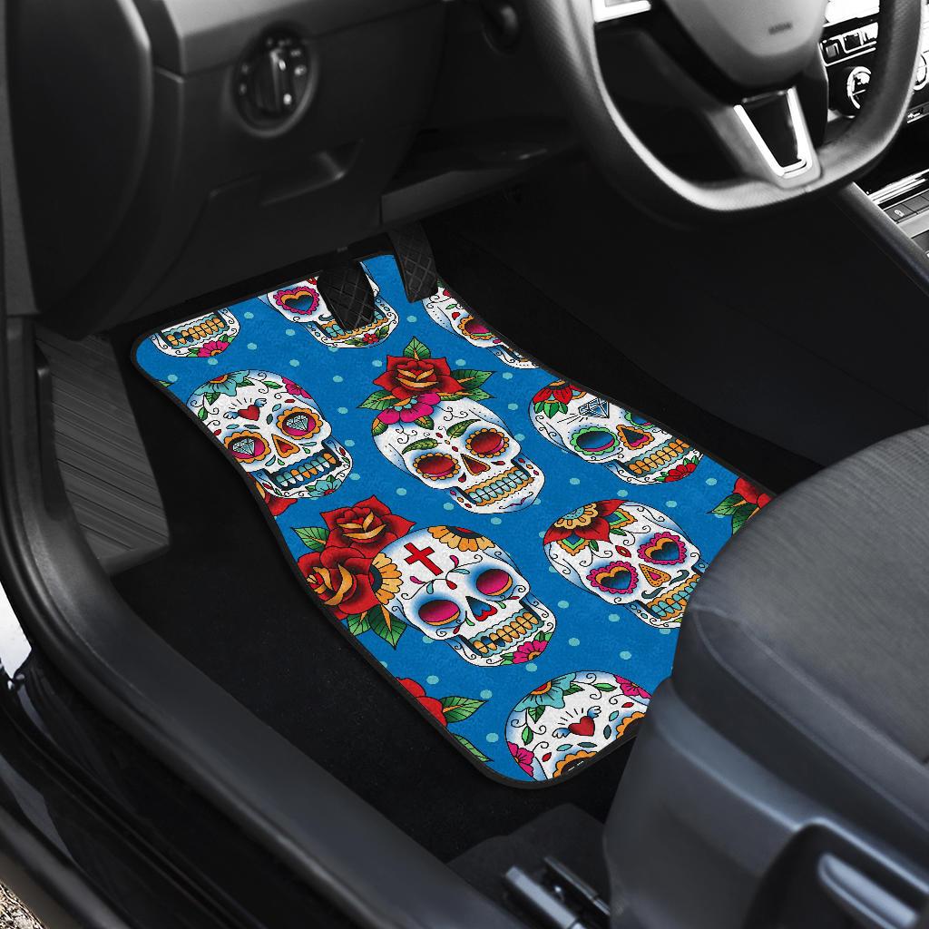 Sugar Skull Rose Pattern Front and Back Car Floor Mats