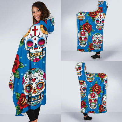 Sugar Skull Rose Pattern Hooded Blanket-JORJUNE.COM