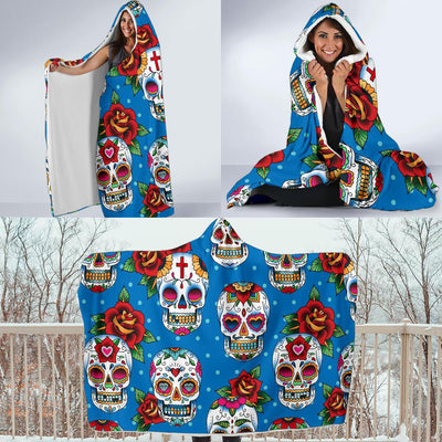 Sugar Skull Rose Pattern Hooded Blanket-JORJUNE.COM