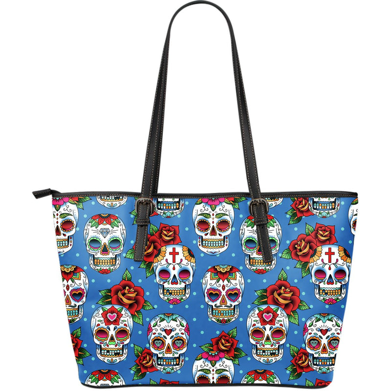 Sugar Skull Rose Pattern Large Leather Tote Bag