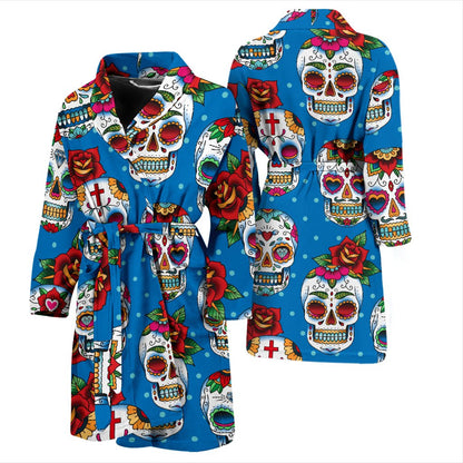 Sugar Skull Rose Pattern Men Bath Robe