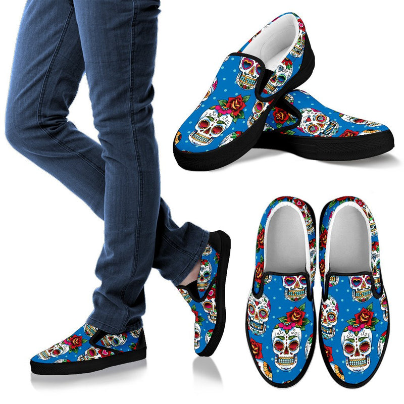 Sugar Skull Rose Pattern Men Slip On Shoes