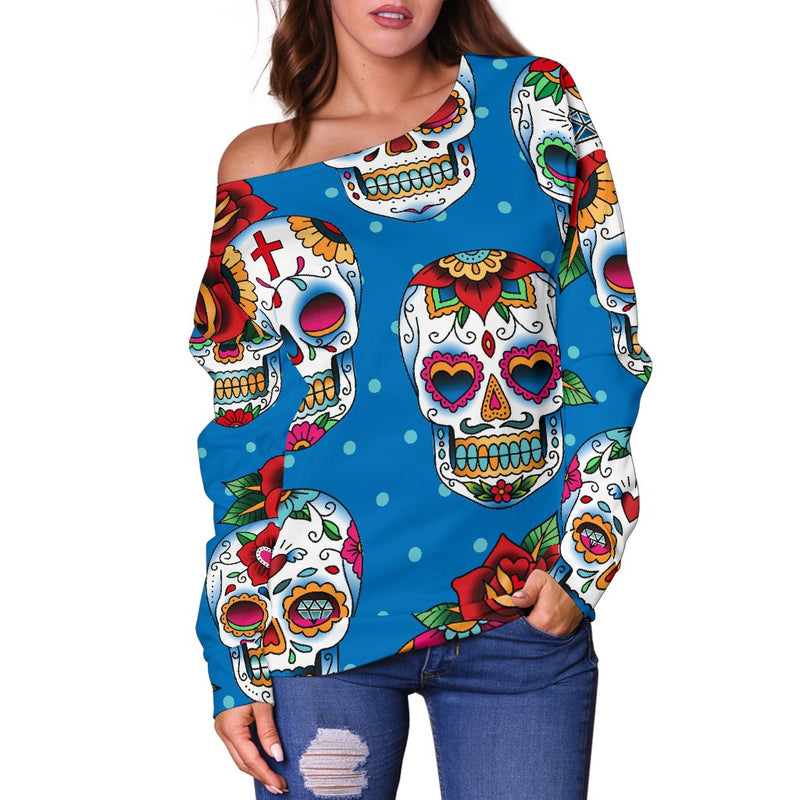 Sugar Skull Rose Pattern Off Shoulder Sweatshirt