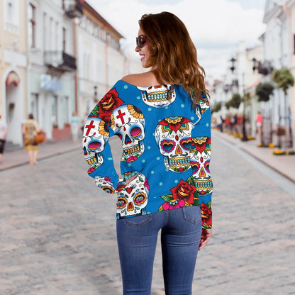 Sugar Skull Rose Pattern Off Shoulder Sweatshirt