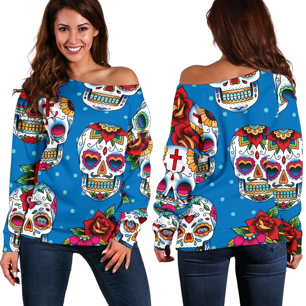 Sugar Skull Rose Pattern Off Shoulder Sweatshirt