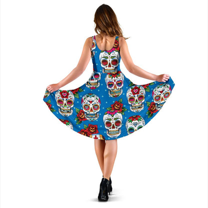 Sugar Skull Rose Pattern Sleeveless Mini Dress