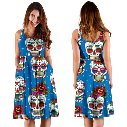 Sugar Skull Rose Pattern Sleeveless Mini Dress