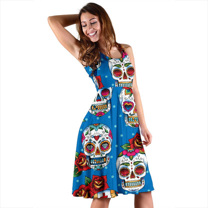 Sugar Skull Rose Pattern Sleeveless Mini Dress