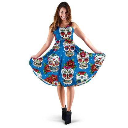 Sugar Skull Rose Pattern Sleeveless Mini Dress