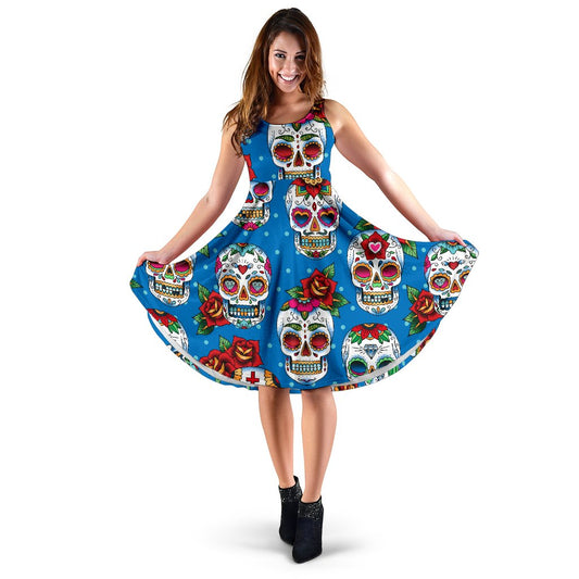 Sugar Skull Rose Pattern Sleeveless Mini Dress