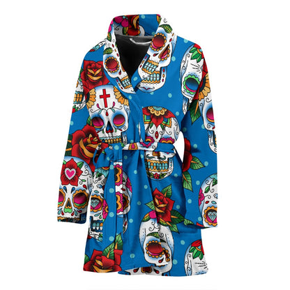 Sugar Skull Rose Pattern Women Bath Robe