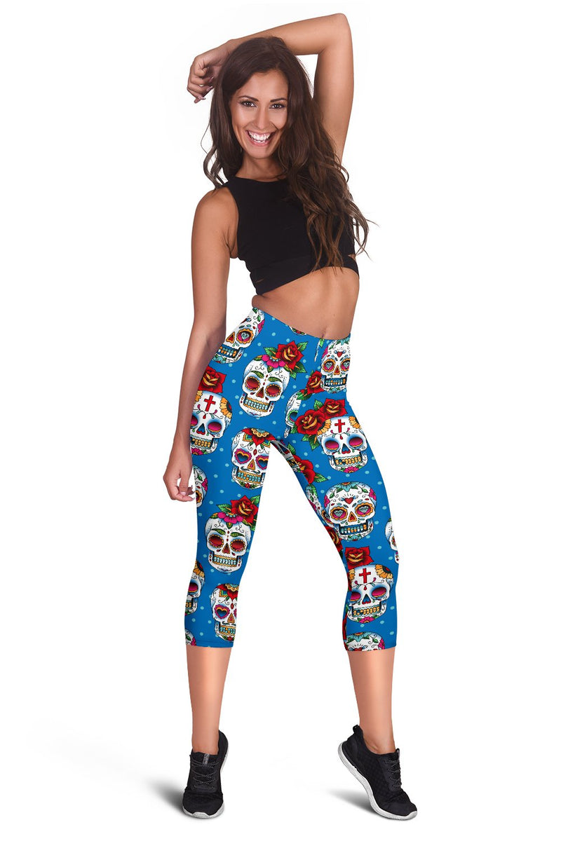 Sugar Skull Rose Pattern Women Capris