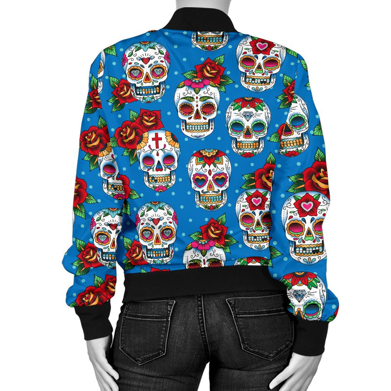 Sugar Skull Rose Pattern Women Casual Bomber Jacket