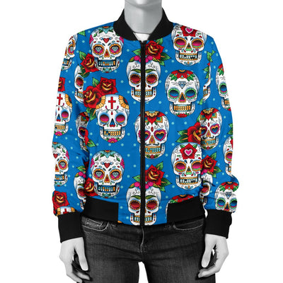 Sugar Skull Rose Pattern Women Casual Bomber Jacket