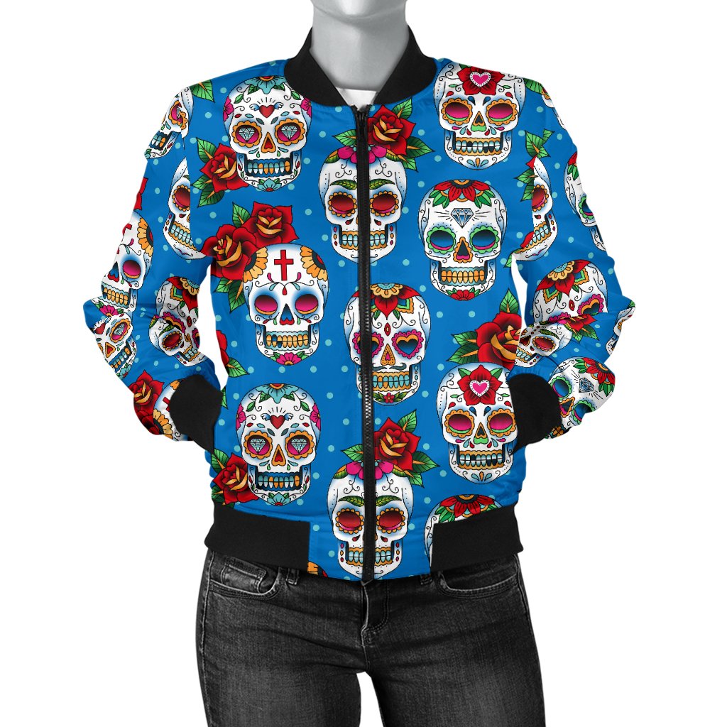 Sugar Skull Rose Pattern Women Casual Bomber Jacket