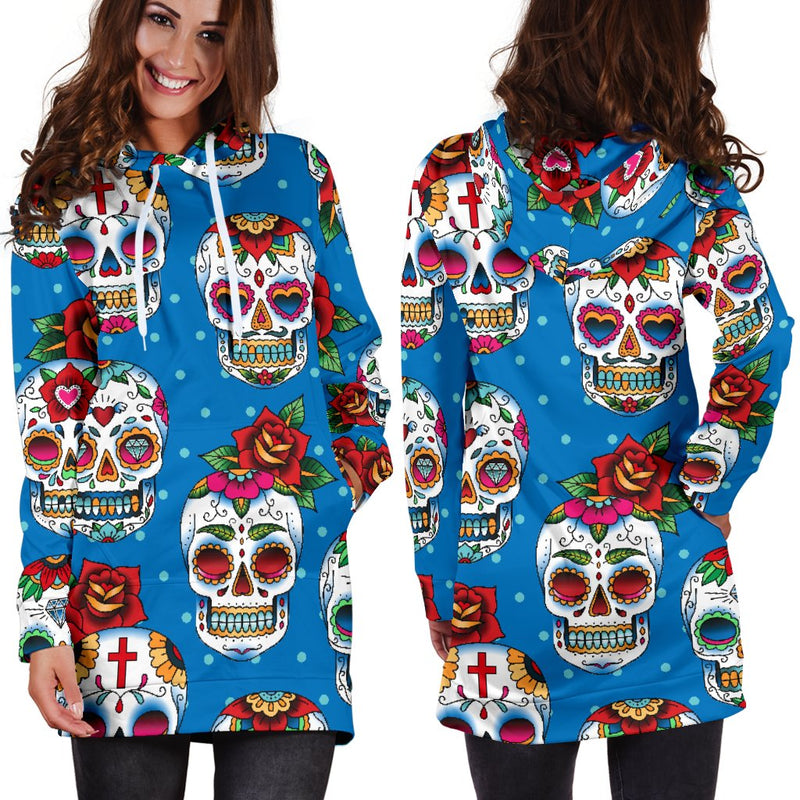 Sugar Skull Rose Pattern Women Hoodie Dress