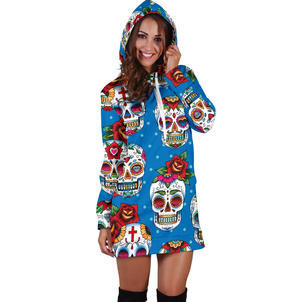 Sugar Skull Rose Pattern Women Hoodie Dress