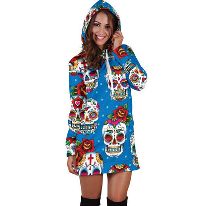 Sugar Skull Rose Pattern Women Hoodie Dress