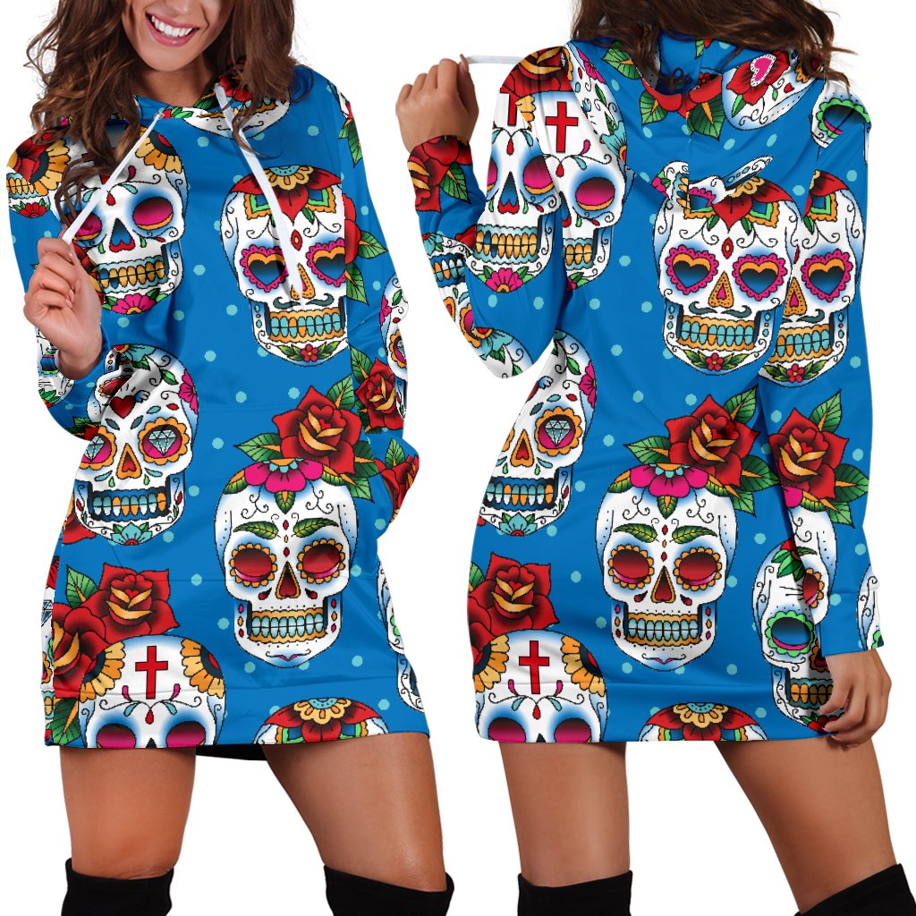 Sugar Skull Rose Pattern Women Hoodie Dress