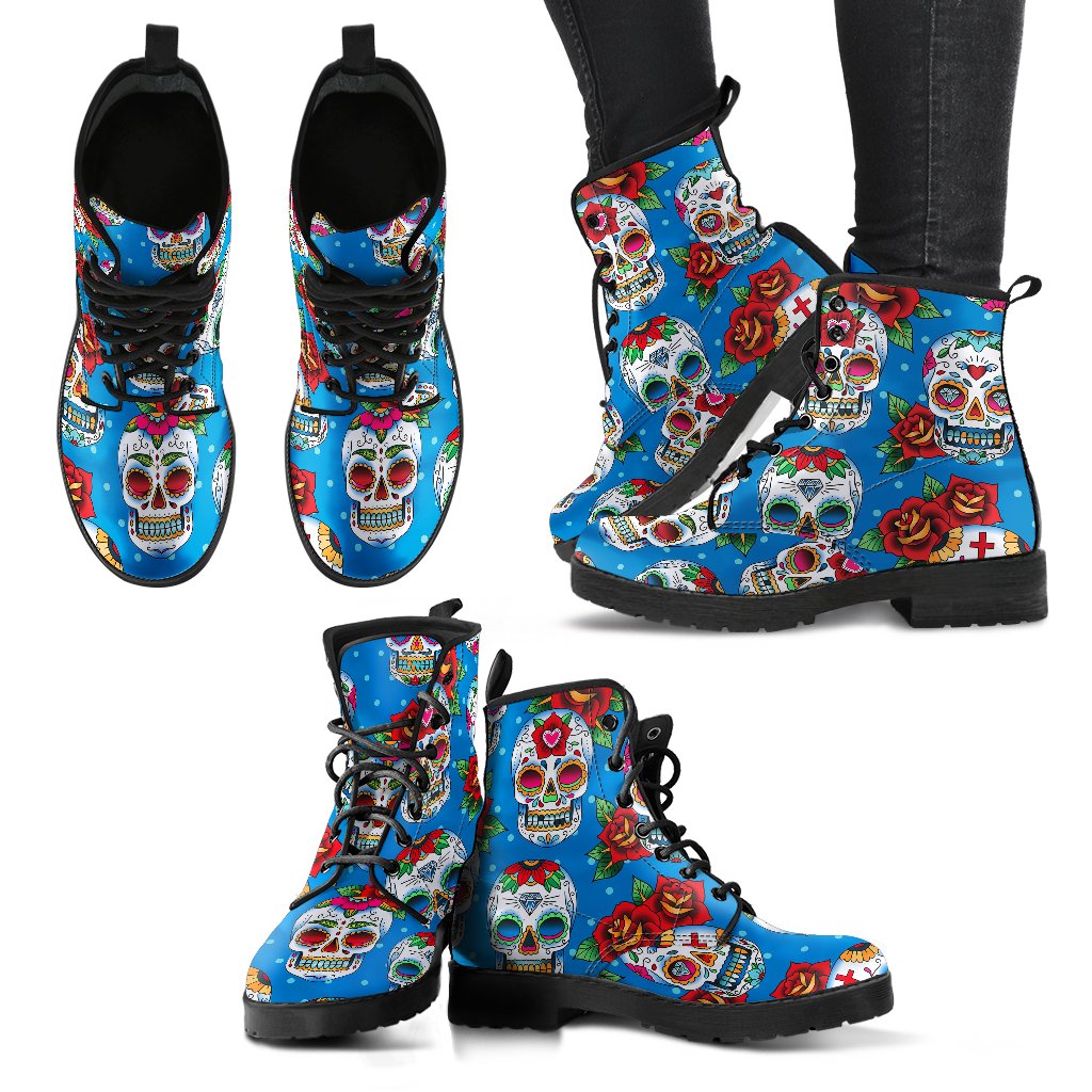 Sugar Skull Rose Pattern Women Leather Boots