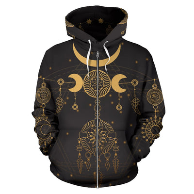 Sun Moon Boho Style All Over Zip Up Hoodie