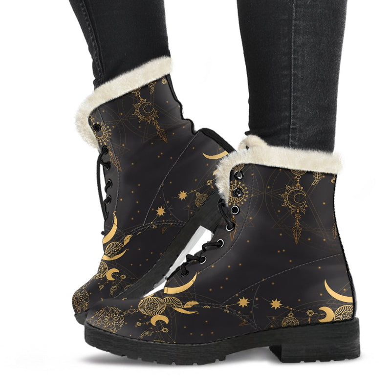 Sun Moon Boho Style Faux Fur Leather Boots