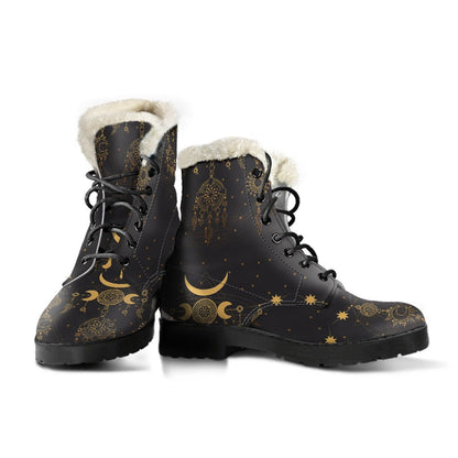 Sun Moon Boho Style Faux Fur Leather Boots