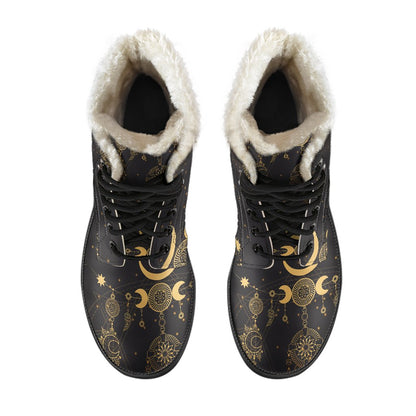 Sun Moon Boho Style Faux Fur Leather Boots