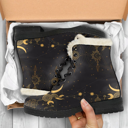 Sun Moon Boho Style Faux Fur Leather Boots