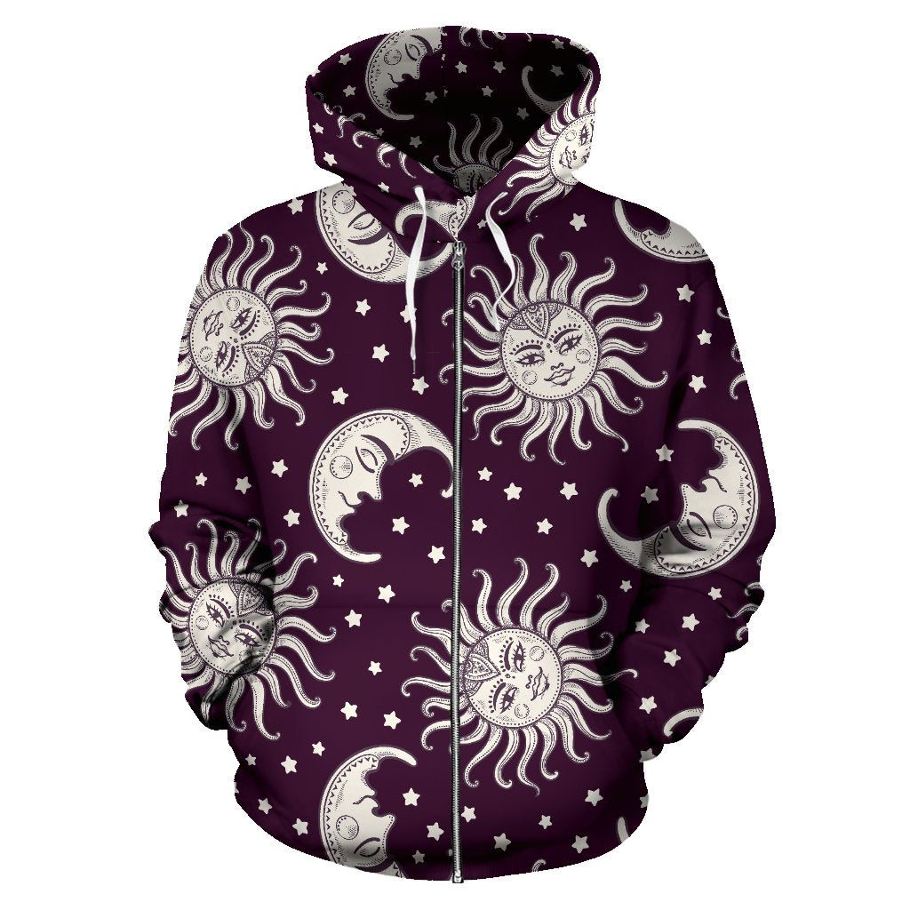 Sun Moon Face All Over Zip Up Hoodie-Recovered