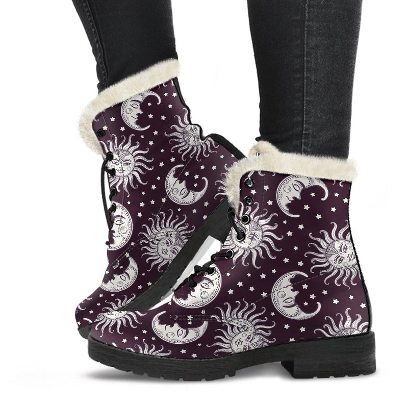 Sun Moon Face Faux Fur Leather Boots