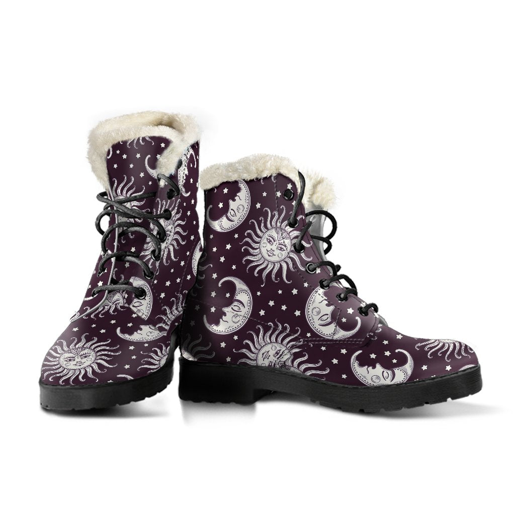 Sun Moon Face Faux Fur Leather Boots