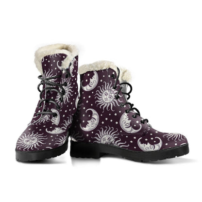 Sun Moon Face Faux Fur Leather Boots