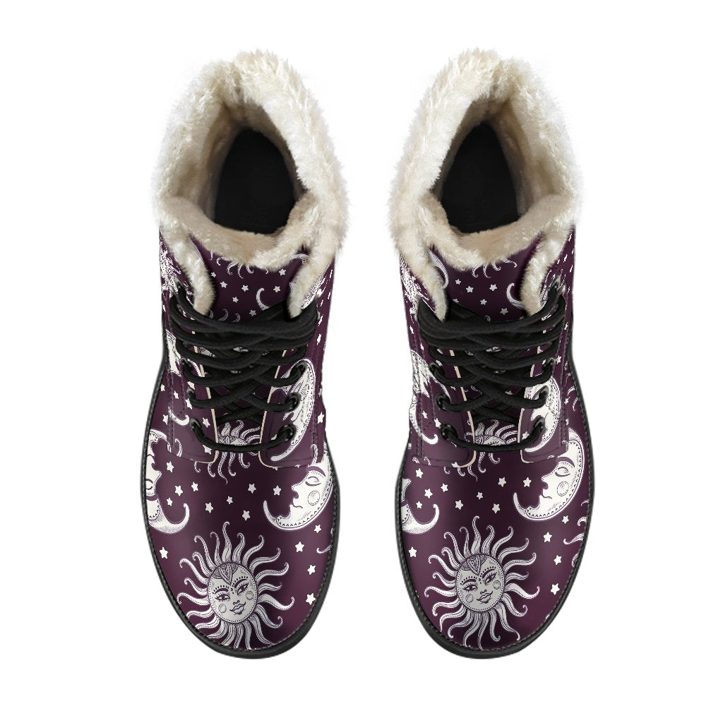 Sun Moon Face Faux Fur Leather Boots