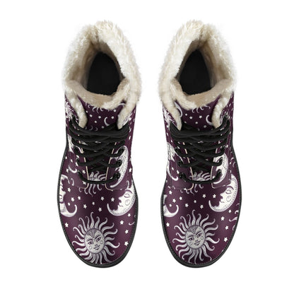 Sun Moon Face Faux Fur Leather Boots