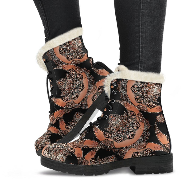 Sun Moon Mandala Faux Fur Leather Boots