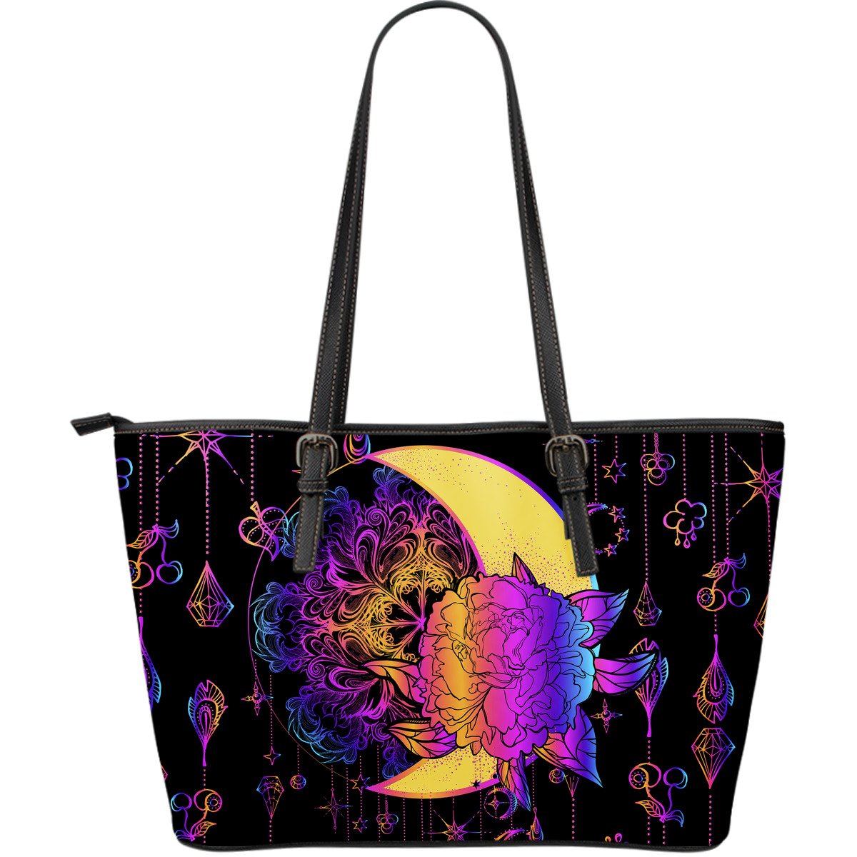 Sun Moon Mandala Rainbow Large Leather Tote Bag