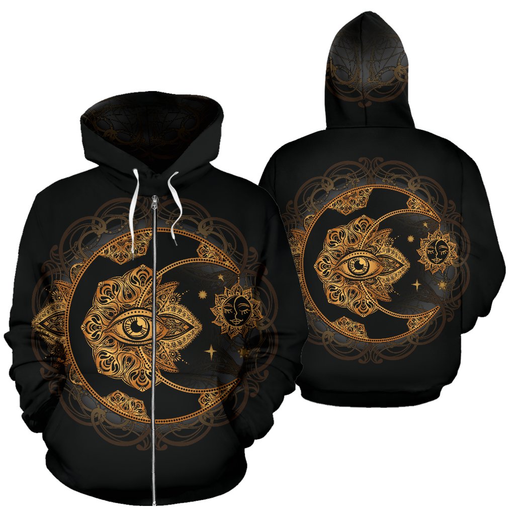Sun Moon mandala Third eye All Over Zip Up Hoodie-Recovered