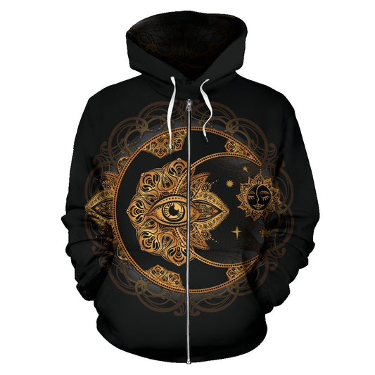 Sun Moon mandala Third eye All Over Zip Up Hoodie-Recovered