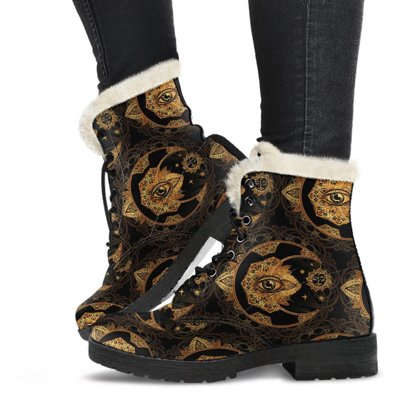 Sun Moon mandala Third eye Faux Fur Leather Boots