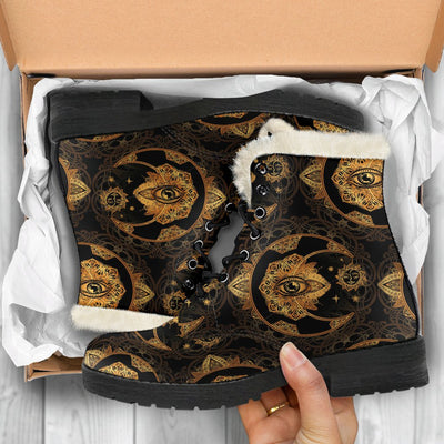 Sun Moon mandala Third eye Faux Fur Leather Boots