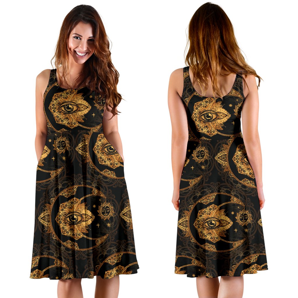 Sun Moon mandala Third Eye Sleeveless Mini Dress