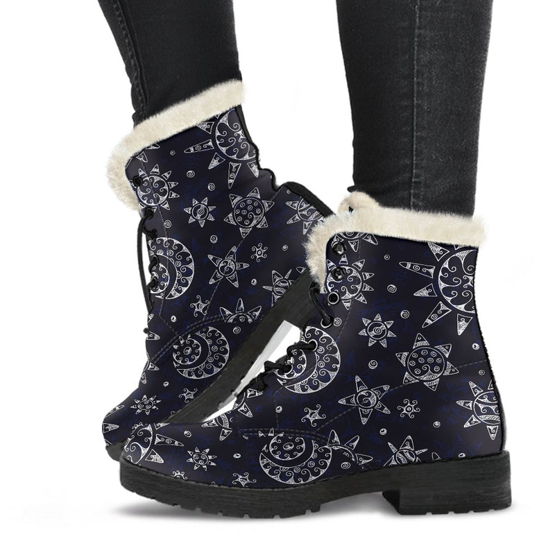 Sun Moon Pattern Faux Fur Leather Boots