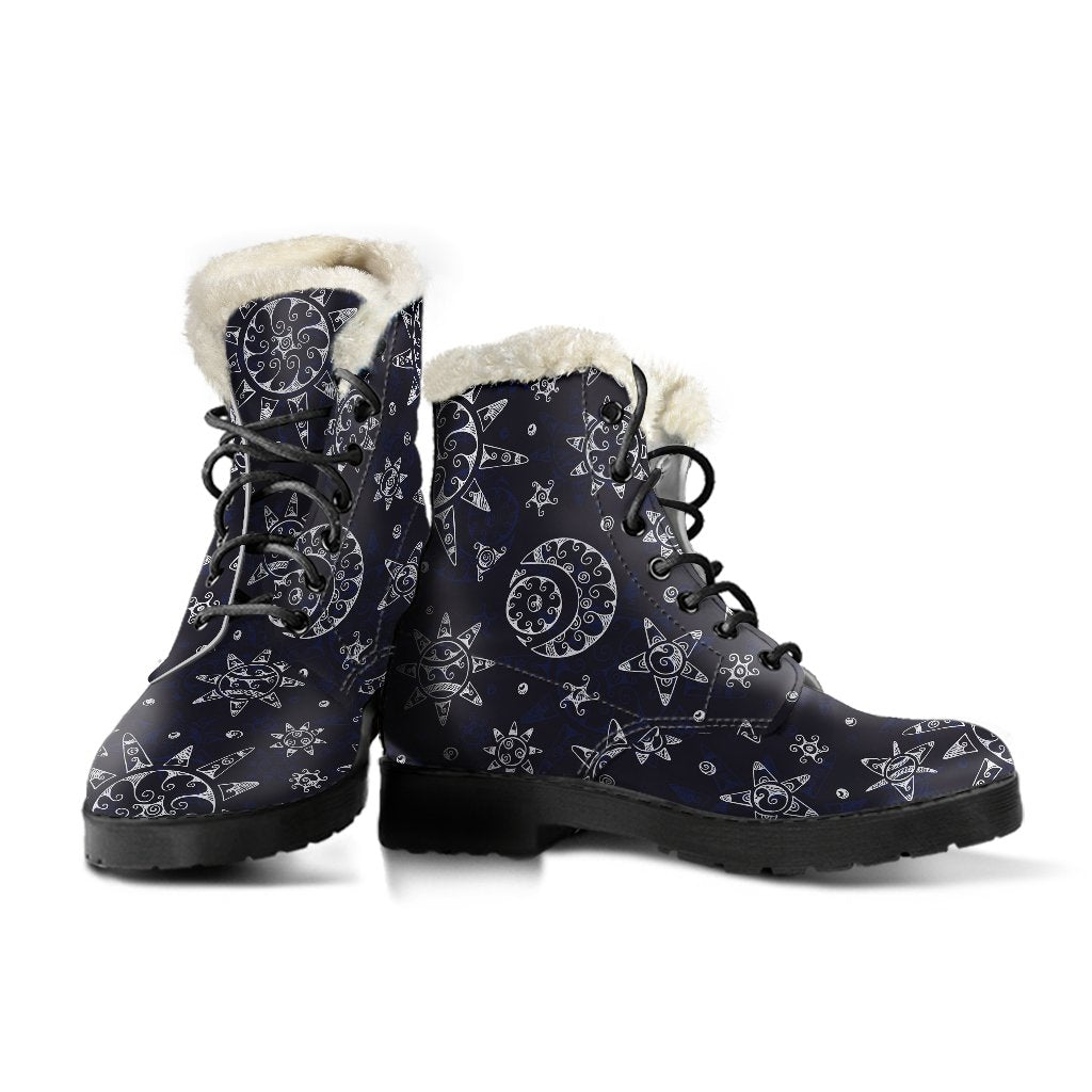 Sun Moon Pattern Faux Fur Leather Boots