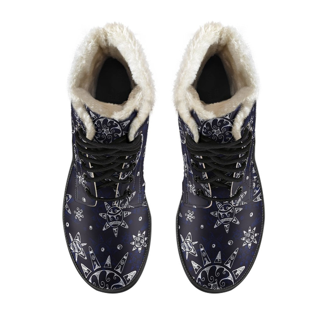 Sun Moon Pattern Faux Fur Leather Boots