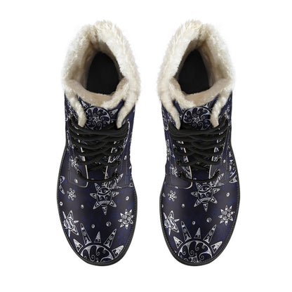 Sun Moon Pattern Faux Fur Leather Boots