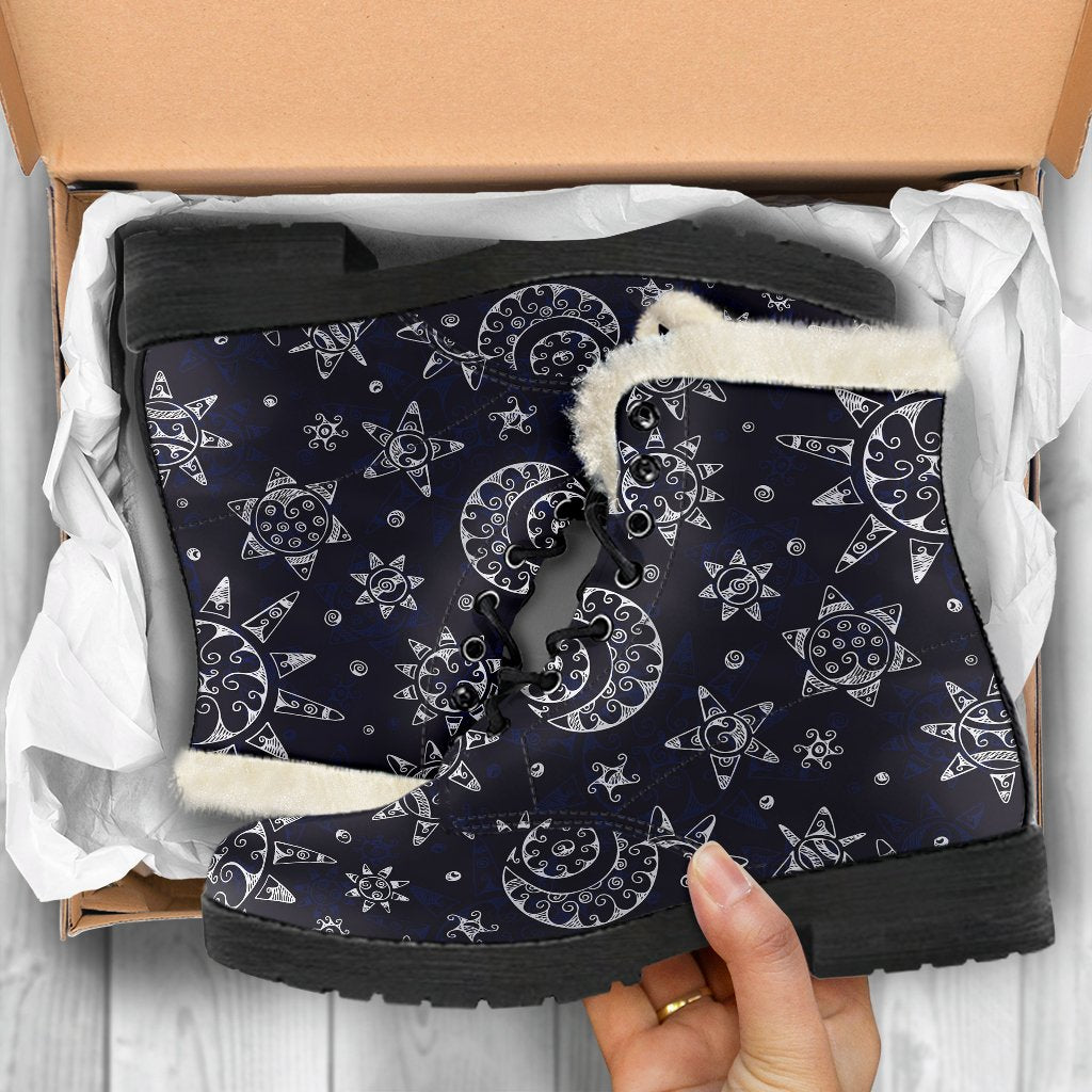 Sun Moon Pattern Faux Fur Leather Boots