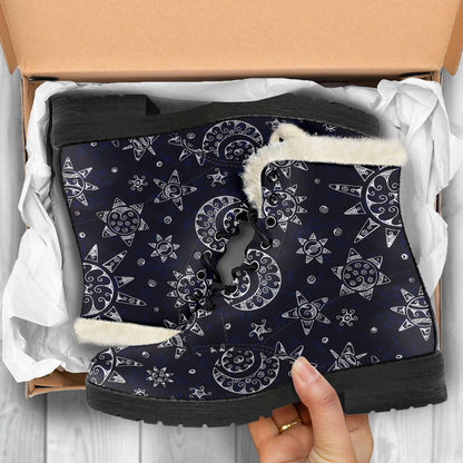 Sun Moon Pattern Faux Fur Leather Boots