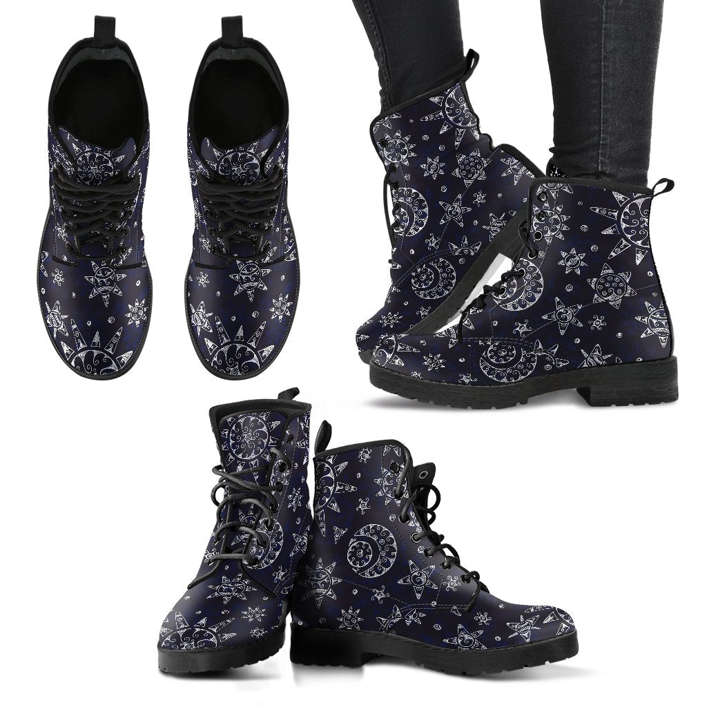 Sun Moon Pattern Women Leather Boots