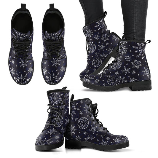 Sun Moon Pattern Women Leather Boots